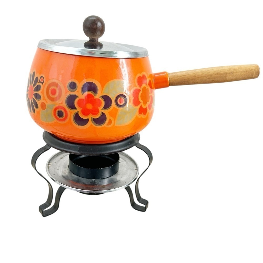 Vintage 70’s 4 Piece Retro Orange Enamel Fondue Set With a Floral Pot